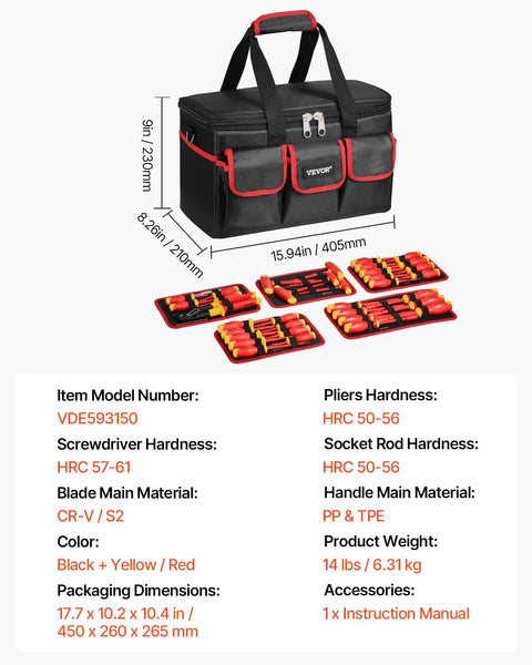 Professional Grade 50 Piece Insulated Screwdriver Set Badass Electrician Tools 1000V VDE Rated with storage bag and tools laid out.