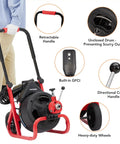 Auto Feed Electric Drain Cleaner Machine Delivers Heavy Duty Torque To Knock Out Thick Grease Clogs And Tree Roots Instantly For 3/8 Inch Drain Pipe Or 1 To 4 Inch Line Runs Nailed Every Time with retractable handle, GFCI, and heavy-duty wheels.