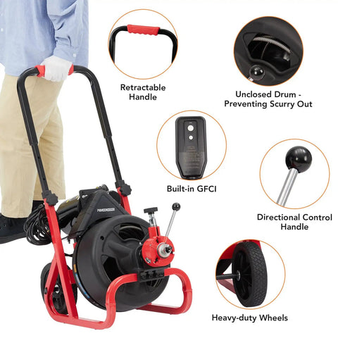 Auto Feed Electric Drain Cleaner Machine Delivers Heavy Duty Torque To Knock Out Thick Grease Clogs And Tree Roots Instantly For 3/8 Inch Drain Pipe Or 1 To 4 Inch Line Runs Nailed Every Time with retractable handle, GFCI, and heavy-duty wheels.