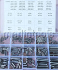 Open kit of Stainless Steel Split Spring Dowel Roll Pins Assortment Kit 1.5 To 6 mm, showing various pin sizes in compartments.