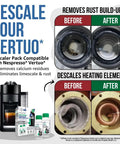 Vertuo Descaler Kit Two Bottles For Limescale Removal And Hotter Coffee Descaler Solution For Vertuo Coffee Machines Four Uses Easy Fast Acting Cleaner with before and after images showing limescale removal.