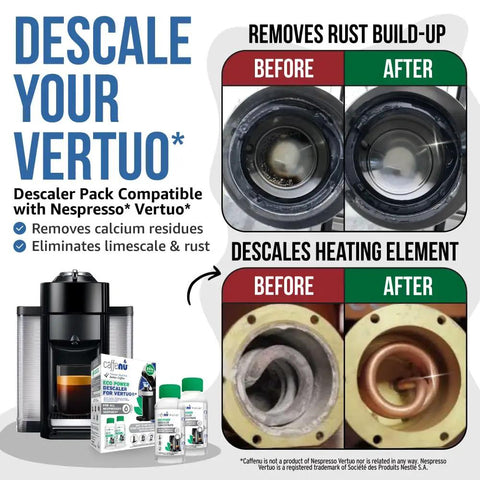Vertuo Descaler Kit Two Bottles For Limescale Removal And Hotter Coffee Descaler Solution For Vertuo Coffee Machines Four Uses Easy Fast Acting Cleaner with before and after images showing limescale removal.