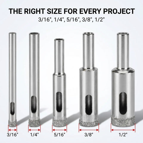 Diamond Drill Bit Set For Glass Tile And Porcelain Five Piece Kit From Three Sixteenths Inch To One Half Inch Pro Grade