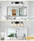 Top Shelf 4 Light Bathroom Vanity Light With Clear Glass Sleeves Matte Black Vintage Wall Sconce, warm and white light options.