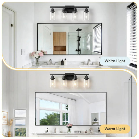 Top Shelf 4 Light Bathroom Vanity Light With Clear Glass Sleeves Matte Black Vintage Wall Sconce, warm and white light options.
