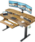 Huanuo Electric Standing Desk 55 Inch With 2 Drawers And Keyboard Tray Vintage Finish smart workstation with dual monitors and keyboard tray.
