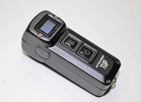 Ultra Compact 1000 Lumen Keychain Flashlight For Everyday Carry With Direct Turbo And Ultralow Modes Five Brightness Levels Rechargeable Built In Battery RGB LED Light Pocket Friendly EDC Torch showing buttons and OLED display