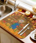 Fall Thanksgiving Dish Drying Mat For Kitchen Counter 16 By 18 Inches Orange Pumpkin Maple Leaves Wood Grain Design