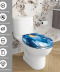 Elongated Toilet Seat for Bathroom with blue abstract design, measuring 14.5"x18.5", easy to clean and install.