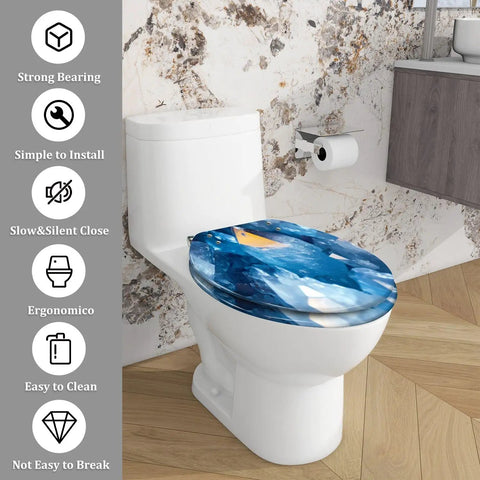 Elongated Toilet Seat for Bathroom with blue abstract design, measuring 14.5"x18.5", easy to clean and install.