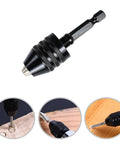 Top view of Two Piece Drill Chuck Adapter Set With One Quarter Inch Hex Shank Keyless Quick Change For Power Drills Screwdrivers And Impact Drivers Fits 0.3 To 3.6 mm And 0.3 To 6.5 mm Bits Easy Install For Diy Pros in use and close-up details.
