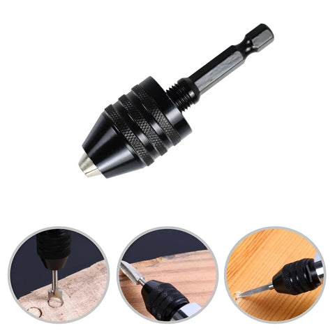 Top view of Two Piece Drill Chuck Adapter Set With One Quarter Inch Hex Shank Keyless Quick Change For Power Drills Screwdrivers And Impact Drivers Fits 0.3 To 3.6 mm And 0.3 To 6.5 mm Bits Easy Install For Diy Pros in use and close-up details.