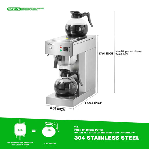 12 Cup Commercial Coffee Maker With Water Line Auto Fill, stainless steel, dual glass carafes on warmers, drip brewer.