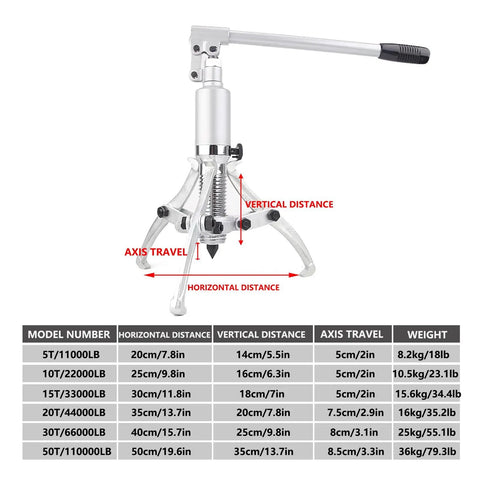 50T Hydraulic Gear Puller Kit With 2/3 Jaw Hub Bearing Separator for Automotive; diagram of dimensions and measurements