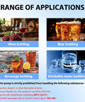 Infographic showing range of applications for food grade USB electric auto siphon pump, suitable for wine, beer, beverage, and water bottling.