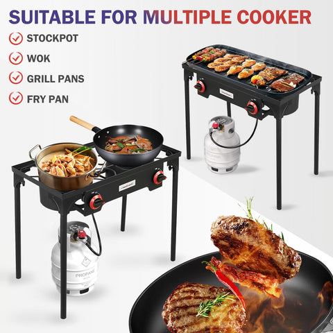 High Pressure Propane Outdoor Cooking Grill Burner For Camping And Backyard BBQs With CSA Regulator 0 To 20 PSIG And 4 Ft Gas Hose Dual Cast Iron Burners in use with various cookware.