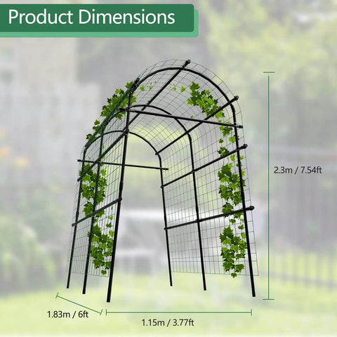7.5 Foot Extra Tall Garden Arch Trellis With Polyethylene Coated Stainless Steel Frame dimensions view.