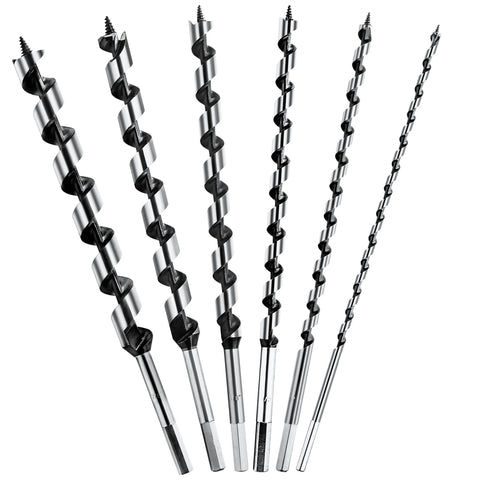 NICAVKIT six 12-inch wood auger drill bits with hex shanks, 1/4–7/8 in, for wood and composite materials