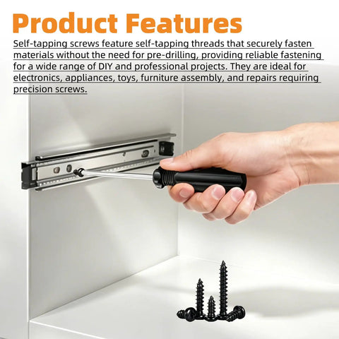 Using screwdriver to fasten wood with 520 Piece M3 Self Tapping Screws Kit For Wood Plastic And Soft Metal Black Phillips Pan Head Assortment