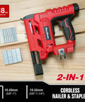 Slick Two In One Cordless 18 Gauge Brad Nailer And Crown Stapler For Diy Home Projects on wood with fasteners and gauge info.