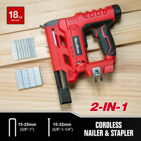 Slick Two In One Cordless 18 Gauge Brad Nailer And Crown Stapler For Diy Home Projects on wood with fasteners and gauge info.