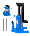 Heavy Duty 20 Ton Toe Jack Lift With 360 Swivel Handle Adjustable Hydraulic Auto Repair Jack Built Tough For No Sweat Lifting And Emergency Vehicle Service Blue close-up showing hydraulic jack with steel handle and two extension rods.