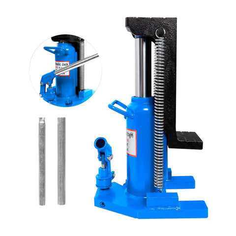 Heavy Duty 20 Ton Toe Jack Lift With 360 Swivel Handle Adjustable Hydraulic Auto Repair Jack Built Tough For No Sweat Lifting And Emergency Vehicle Service Blue close-up showing hydraulic jack with steel handle and two extension rods.