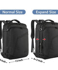 Go-To 45L Carry-On Backpack For Men And Women showing normal and expanded sizes, 40L to 45L capacity, black, flight ready.