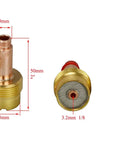 TIG Gas Lens Collet Bodies Jumbo Large Diameter One Eighth Inch And Three Point Two Millimeter Orifice, side and top views