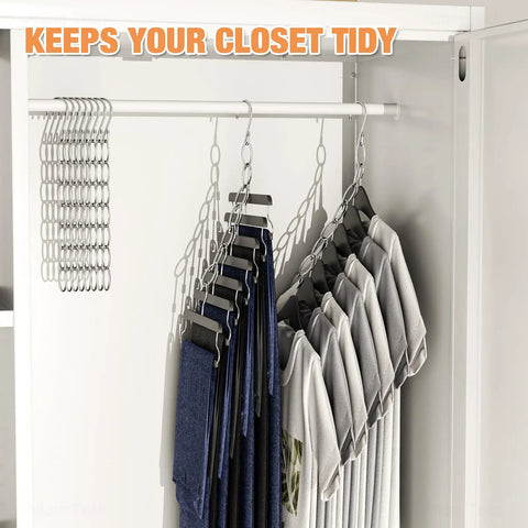 Seven Loop Metal Closet Hanger Chain 10 Pack Space Saving Hangers Holds Seven Garments In One Compact Vertical Design Dorm Room Essentials For Home Office Travel Cruise Ship Storage displayed on a clothing rod