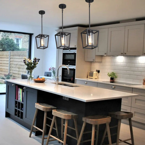 Black Pendant Light For Kitchen Island, 1 Light Modern Farmhouse Cage Lantern With Glass Shade over kitchen island