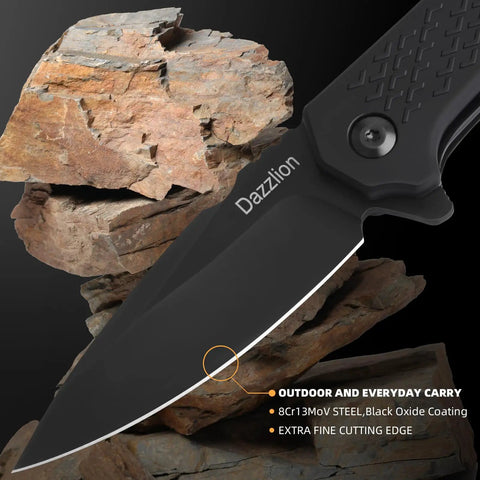 Mini Folding Pocket Knife With Two Point Eight Inch 8Cr13MoV Steel Blade Black Oxide Coated For Tough Wear Ultra Smooth Ball Bearing Pivot Deep Carry FRN Handle Everyday Carry Dope Knife For Men Women Ideal For Camping Hiking And Survival close-up on rock