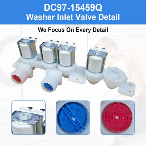 Premium Heavy Duty Washer Water Inlet Valve With Four Precision Solenoid Coils detail with red and blue connectors for exact water control.