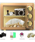 Heavy Duty Electronic Key Lock Safe Box With Built In Alarm 32Mm Lock 35 By 25 By 25 Cm Safebox open showing cash and jewelry