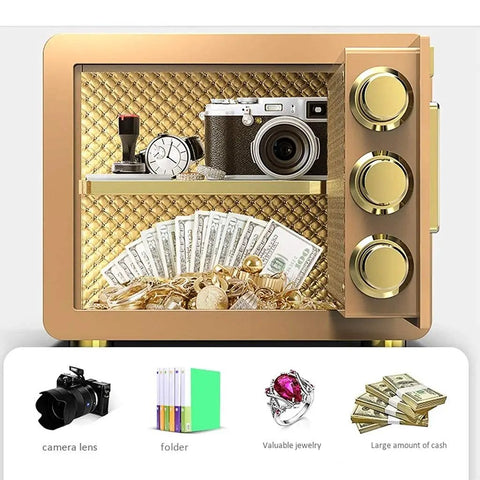 Heavy Duty Electronic Key Lock Safe Box With Built In Alarm 32Mm Lock 35 By 25 By 25 Cm Safebox open showing cash and jewelry