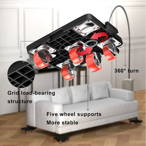 Heavy Furniture Lifter Mover Dolly Set With 360 Degree Rotation showcasing five-wheel support and load-bearing grid structure.