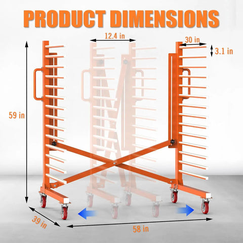 Product dimensions of Heavy Duty Expandable Paint Drying Rack For Cabinet Doors With Smooth Casters And Hella Solid Steel Frame for woodworking.