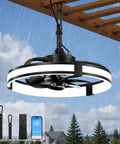20 Inch Outdoor Ceiling Fan With Integrated Led Lamp And Smart Remote Control Packs Hella Rugged IP65 Shield For Porch Or Gazebo, in rain with remote and app display.