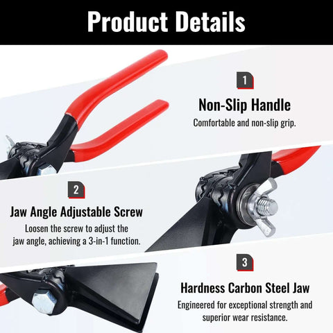 3 In 1 Sheet Metal Bender Pliers With Adjustable Jaw showing red non-slip handles and steel adjustable screw for bending metal