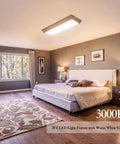 Bedroom with 2-Foot LED Light Fixture With Wood Look Wraparound Dimmable 3000K 30W 3300LM Flush Mount Ceiling Light