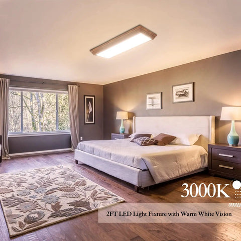 Bedroom with 2-Foot LED Light Fixture With Wood Look Wraparound Dimmable 3000K 30W 3300LM Flush Mount Ceiling Light