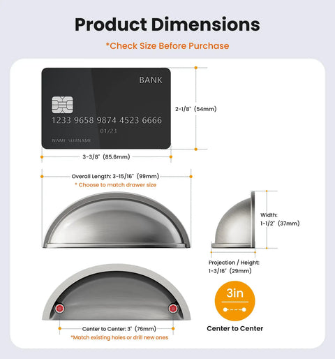 Product dimensions of Top Shelf Brushed Nickel Cup Pulls 3 Inch Center To Center for kitchen cabinets and vanities.
