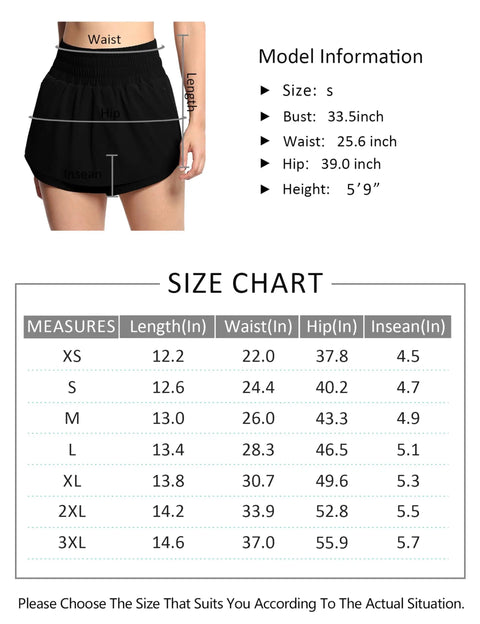 Athletic Skorts With Elastic Waistband Quick Dry 4 Way Stretch Fabric Mesh Liner Zipper Pockets Size Chart and Measurements