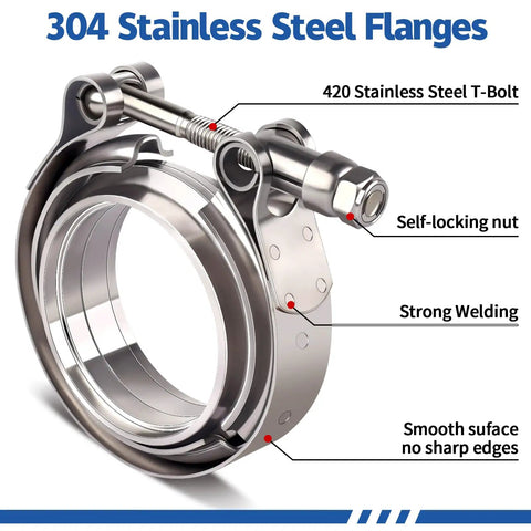 Stainless Steel Two And A Half Inch V Band Exhaust Clamps Dual Pack with self-locking nut and T-bolt detail for turbo downpipe