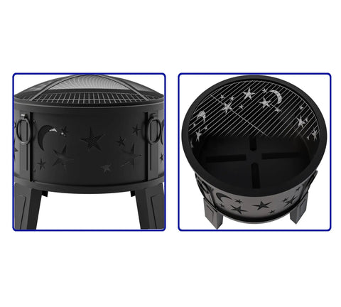 26 Inch Outdoor Fire Pit With Grill, Mesh Spark Screen And Poker, Rust Resistant Powder Coated Steel, Decorative Star Design