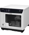 No Sweat CD DVD BluRay Disc Publisher And Printer With 100 Disc Slot, white automatic disc printer with hopper and control panel.
