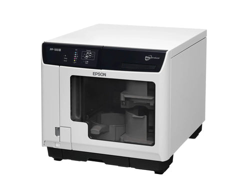 No Sweat CD DVD BluRay Disc Publisher And Printer With 100 Disc Slot, white automatic disc printer with hopper and control panel.