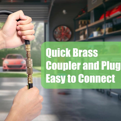 Close-up of hands connecting heavy duty three eighths inch air hose with brass quick coupler and plug in a garage setting