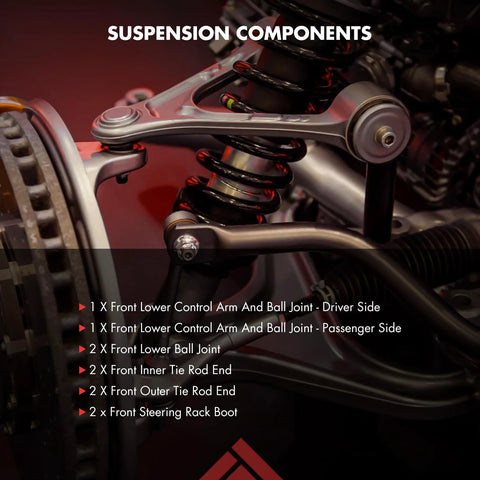 Close-up of ASTOU front suspension kit: 10 pcs with lower control arms, ball joints, tie rods with boots