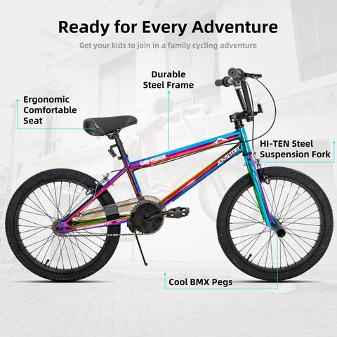 Rainbow oil slick finish Gemsbok 20 Inch Kids BMX Bike for Boys and Girls Ages 7 to 12 with dual hand brakes and Hi-Ten frame.